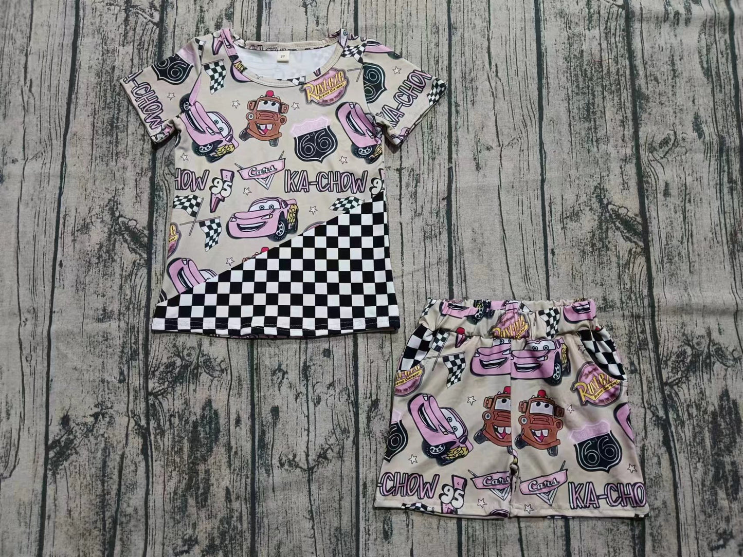Custom moq 3 eta 6-7weeks baby girls clothes cars short sleeve shorts sets-25.5.29