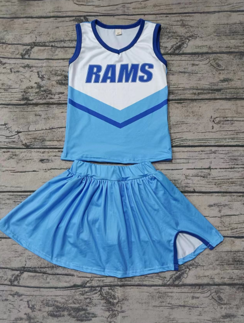 Custom moq 3 eta 6-7weeks Blue Letter V-Neck-Sky Blue Sleeveless-Pleated Short Skirt Suit