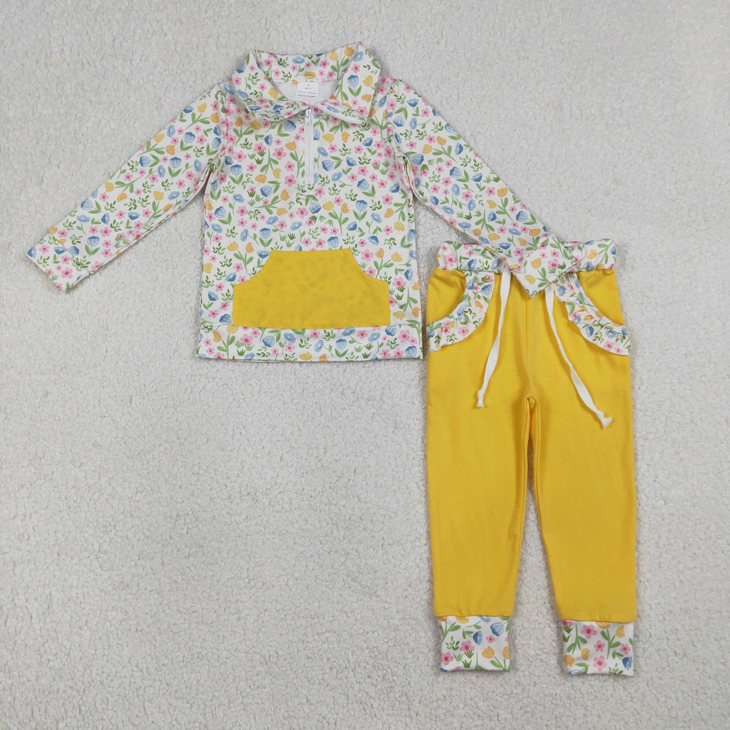 RTS NO MOQ(In Stock) GLP3280 Colorful Flower and Leaf Yellow Pocket Zipper Long-Sleeve and Pants Set