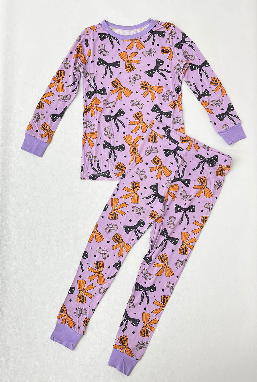 Custom moq 5 mix size milk silk summer teams baby girl clothes halloween bow purple long sleeve pants sets-25.8.9