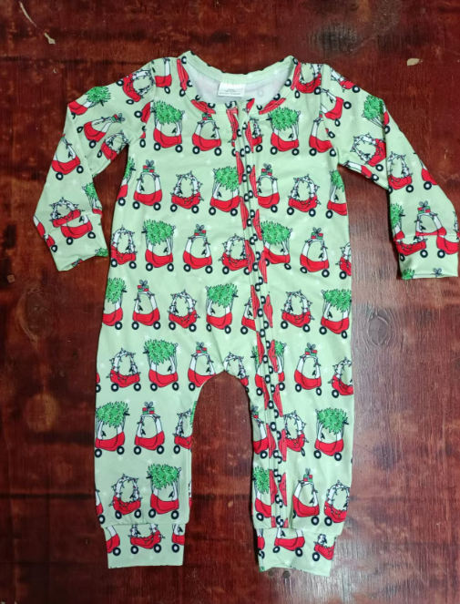 Custom moq 3 eta 6-7weeks Christmas Tree & Luggage Mint Green Long Zip-Up Romper