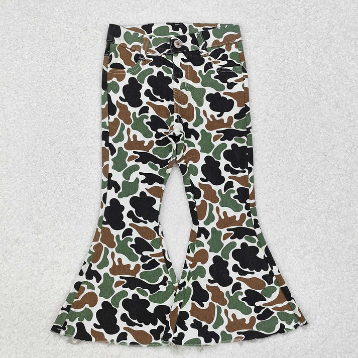RTS NO MOQ Army Green Camouflage Button Zipper Denim Flared Pants: Adults & Kids