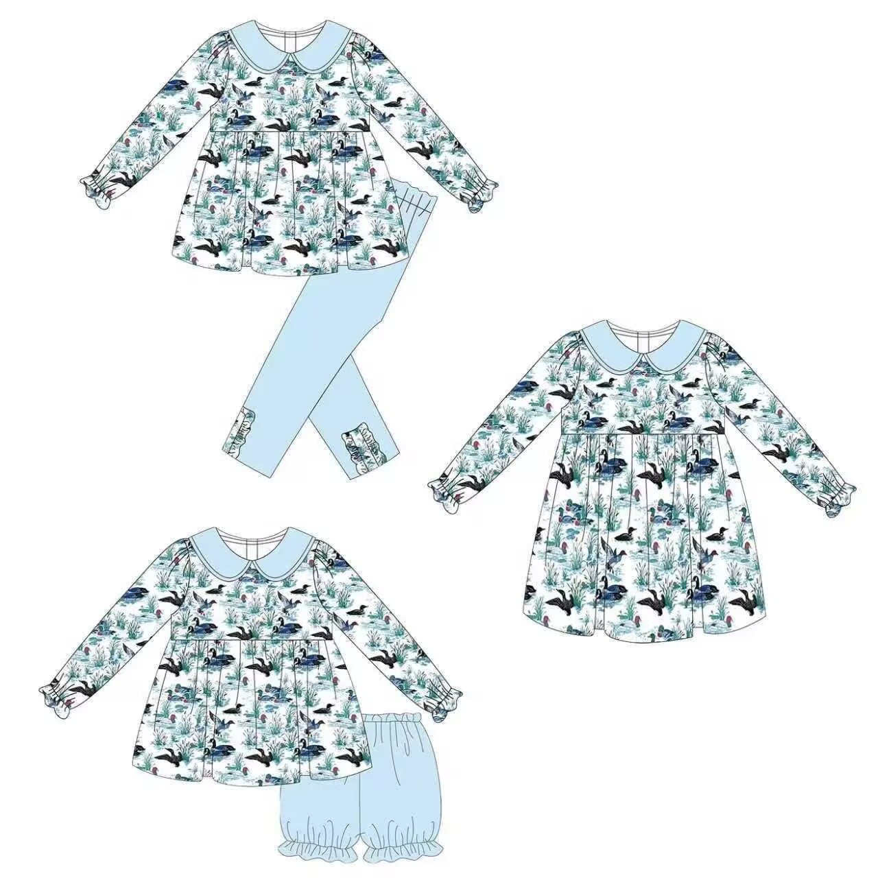 Custom moq 5 each style eta 6-7weeks baby girl clothes duck long sleeve pants sets and short sets and dress -25.8.14