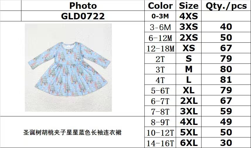 rts no moq GLD0722 Christmas tree nutcracker star blue long sleeve dress