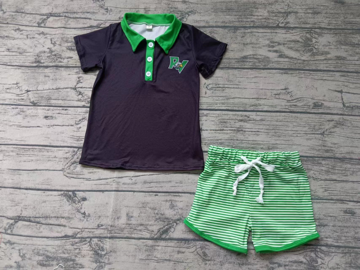 custom moq 5 eta 4-6weeks summer baby boys clothes team black short sleeve green shorts set