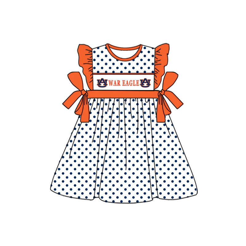 Deadline September 10 custom no moq eta 6-8weeks Blue polka dot flying sleeves bow orange skirt