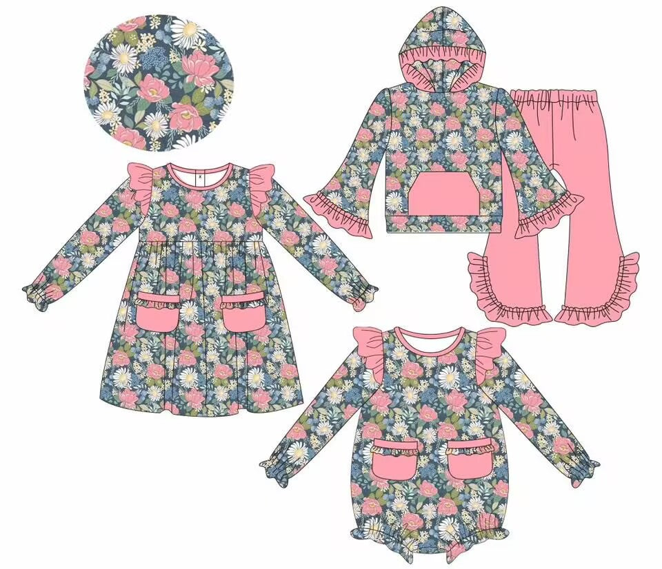 Custom moq 5 each style eta 6-7weeks baby girl clothes floral long sleeve pants sets and romper and dress -25.8.29