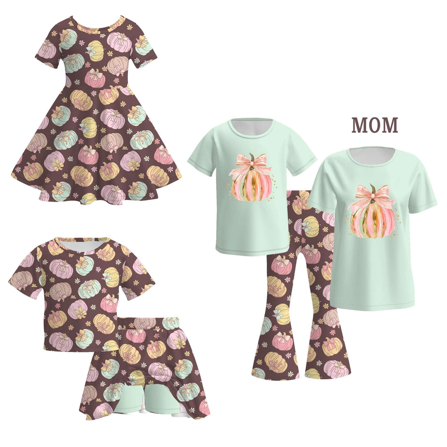 Custom moq 5 each style eta 6-7weeks halloween baby girl short sleeve shorts set and pant sets and dress and adult top
