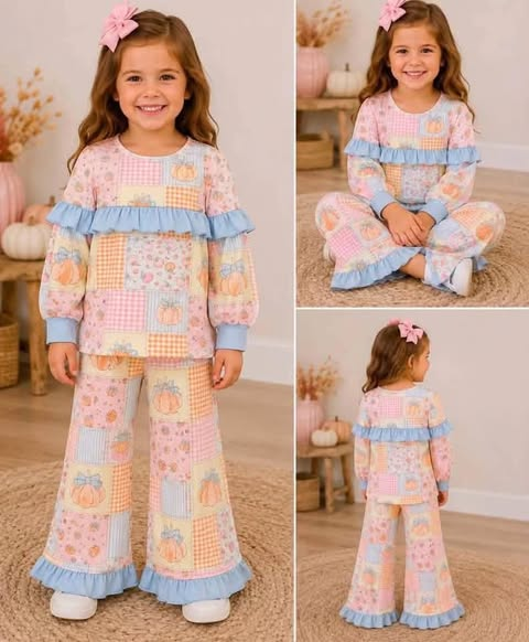 custom moq 5 mix size LHGNDN0106 Baby Girls Pumpkin Patchwork Print Long Sleeve Ruffle Top And Flare Pants Set