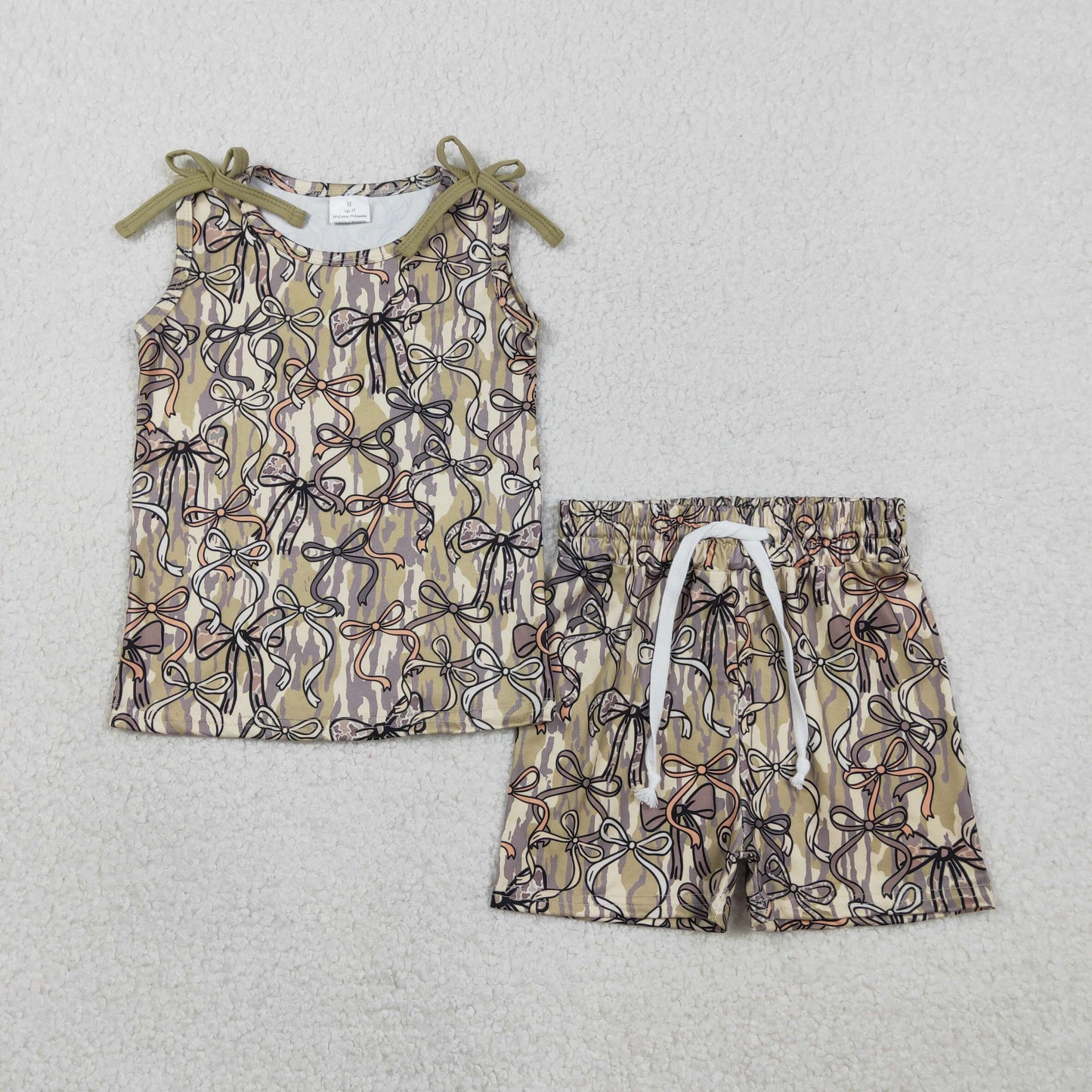 RTS NO MOQ(In Stock) GSSO3127 Army Green Camouflage Sleeveless Shorts Set with Bow Pattern