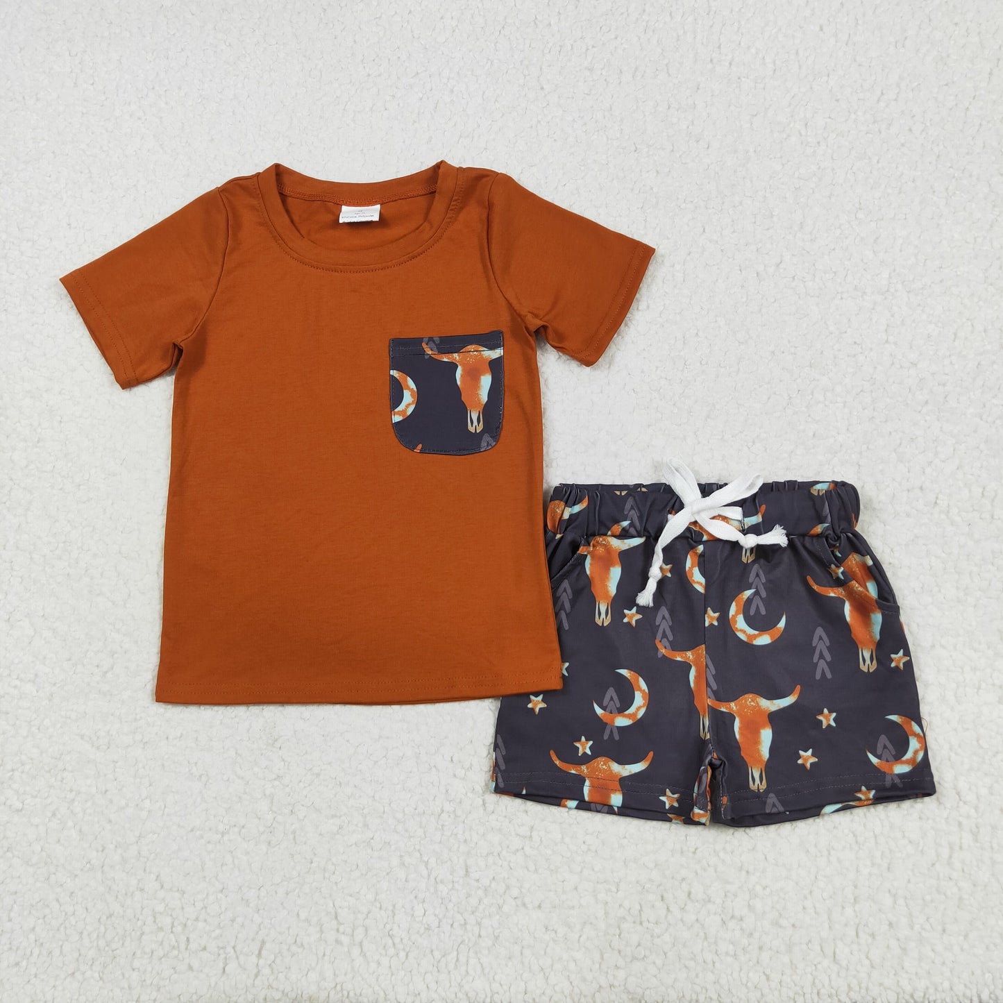 RTS NO MOQ(In Stock) BSSO0758 Stars and moons alpine bull head pocket brown-red short-sleeved shorts set