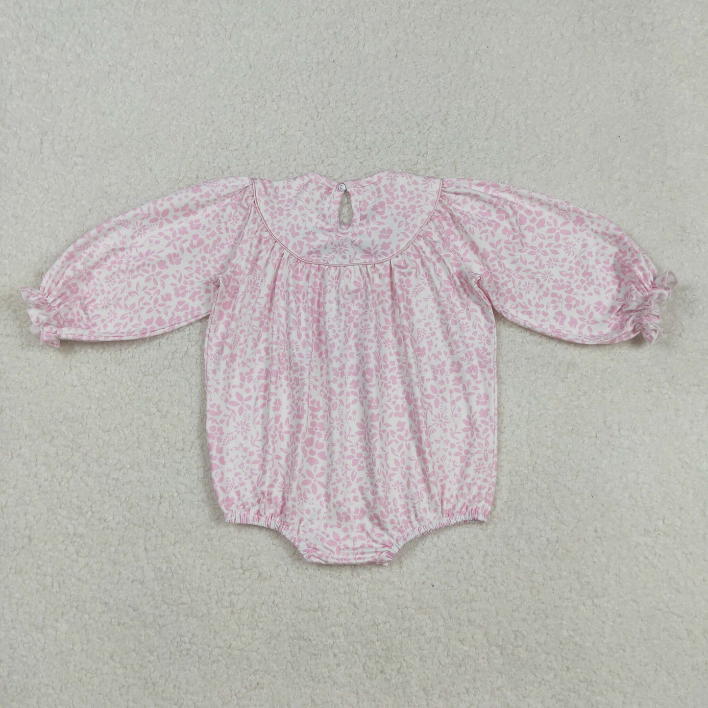 RTS NO MOQ(In Stock) LR2184 Smocked embroidered turkey pink long-sleeved bodysuit with flowers and leaves