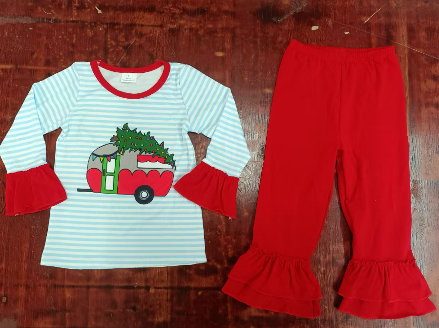 Custom moq 3 eta 6-7weeks Blue striped train Christmas tree pattern loose-fitting bell-sleeved long-sleeved top and red pants set