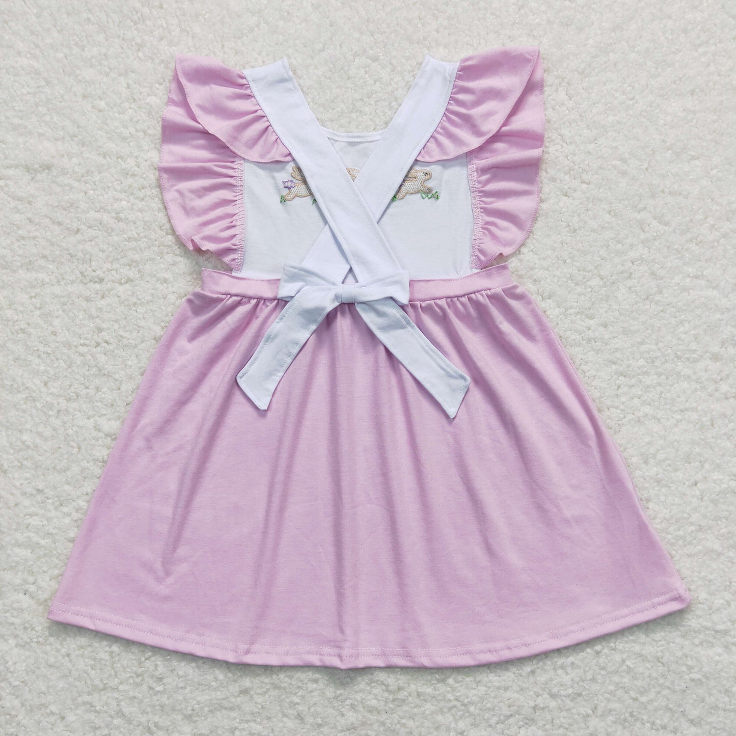 RTS NO MOQ(In Stock) Embroidery Three Rabbits Bow Purple and White Flying Sleeve Dress