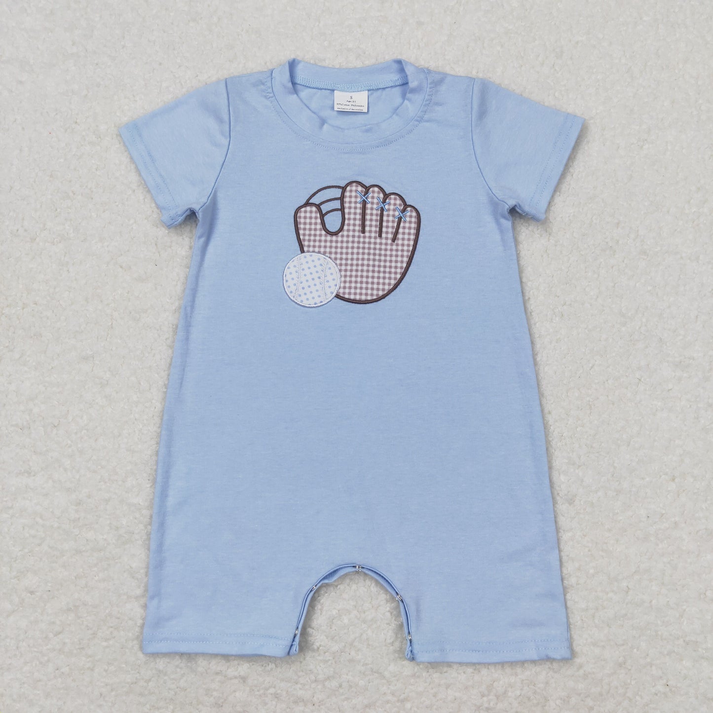 RTS NO MOQ(In Stock) Embroidered Baseball Glove Blue Short Sleeve Jumpsuit