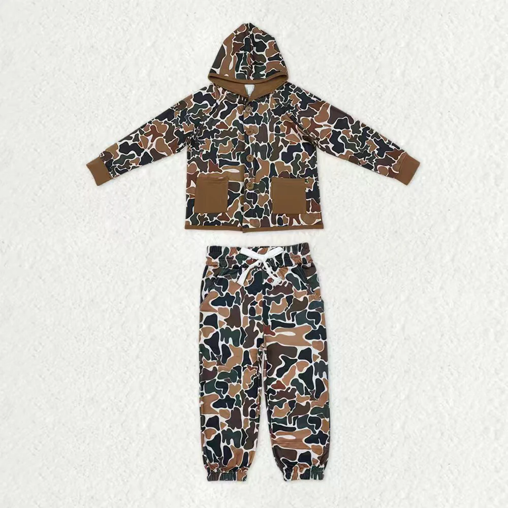 RTS NO MOQ(In Stock) baby boys clothes camouflage hooded long Sleeve pants sets