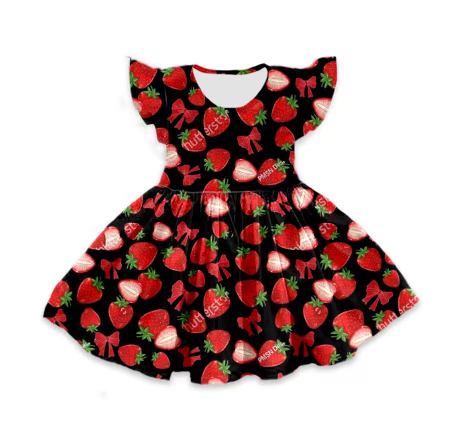 Custom moq 5 mix size milk silk baby girl clothes strawberry bow flying sleeve shorts sets and dresses 2