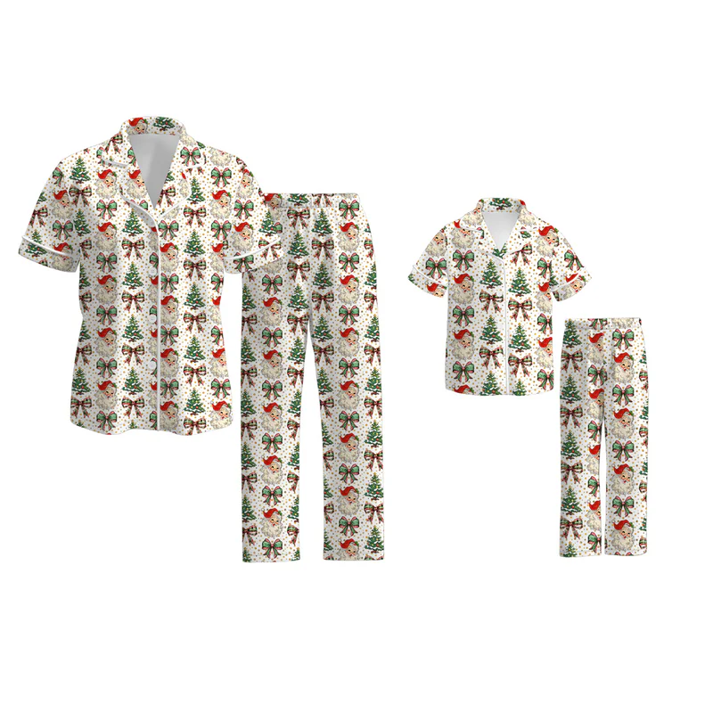Custom moq 5 each style eta 6-7weeks Christmas trees bow baby girl short sleeve pant sets and adult sets