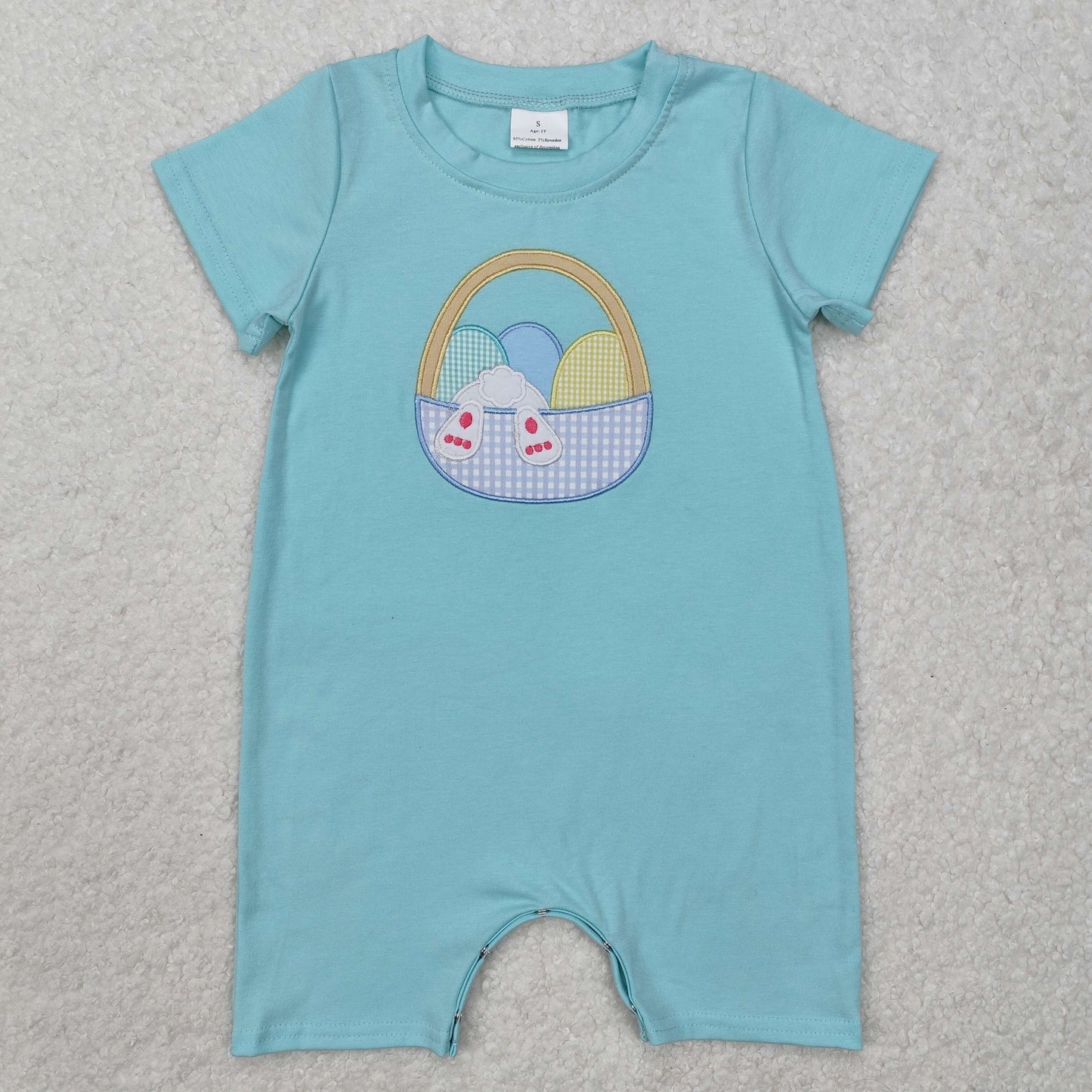 RTS NO MOQ(In Stock) Embroidered boy Easter bunny egg basket blue green short sleeve jumpsuit