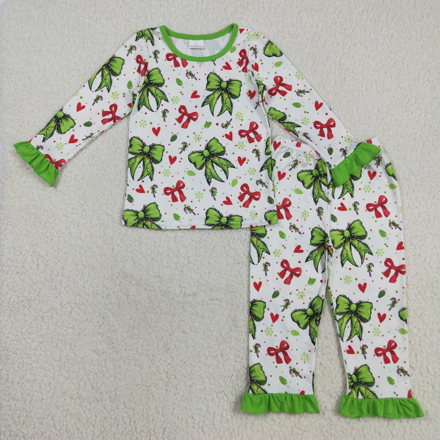RTS NO MOQ(In Stock) GLP2628 Christmas heart red and green bow pattern white long-sleeved trousers pajama set