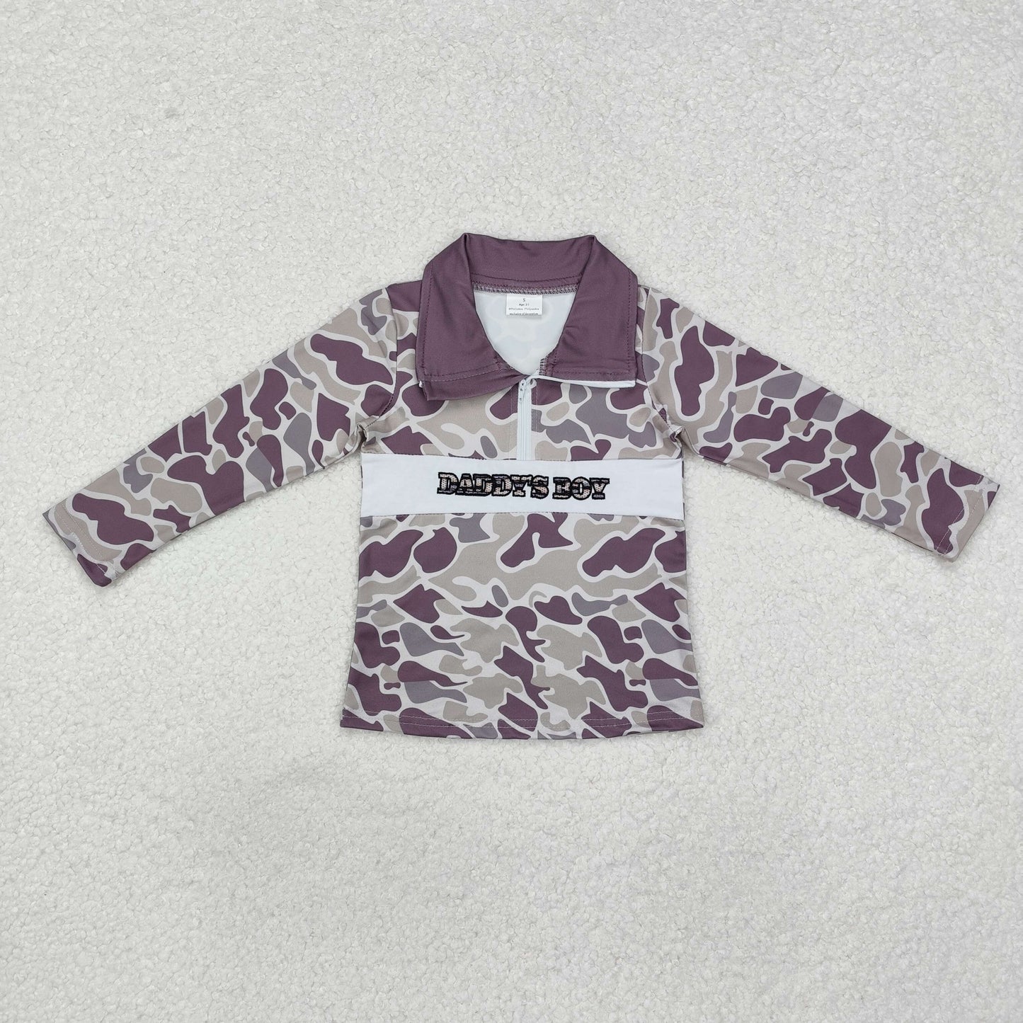 RTS NO MOQ(In Stock) embroidered daddy's boy camouflage zipper long-sleeved top
