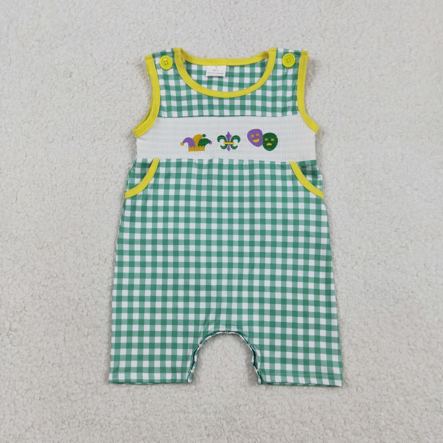 RTS NO MOQ(In Stock ) SR3312 Embroidered Carnival Mask Green and White Check Sleeveless Jumpsuit