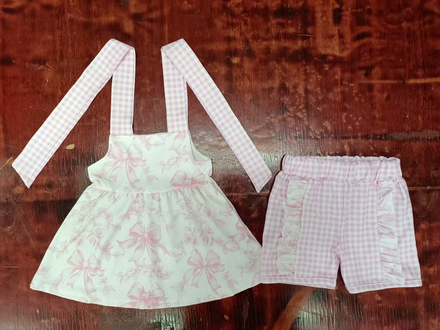 Custom moq 3 eta 6-7weeks baby girls clothes bow suspender shorts sets-25.5.10