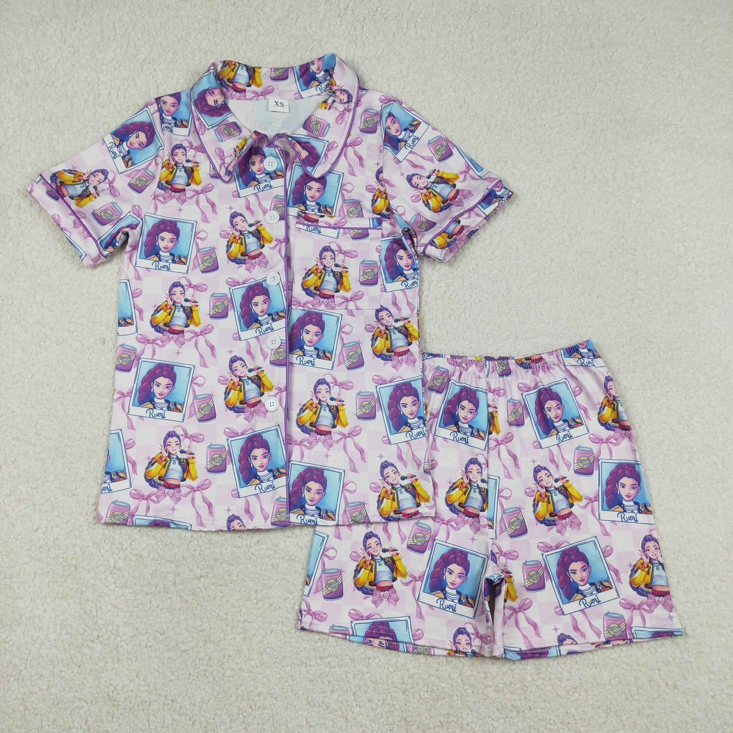 RTS NO MOQ(In Stock) GSSO2962 Adult women's kpop photo bow pattern purple plaid short-sleeved shorts pajama set
