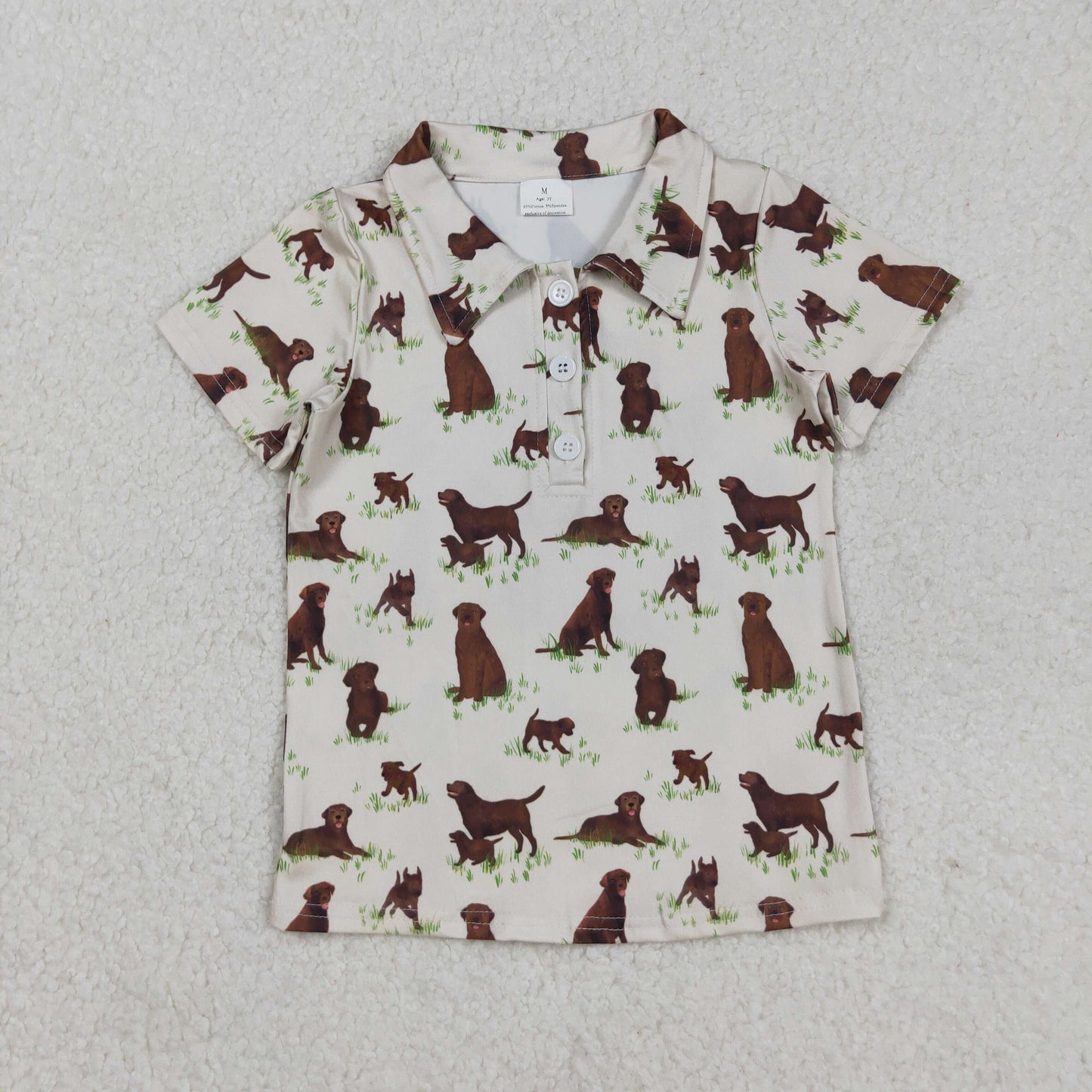 RTS NO MOQ(In Stock) Puppy Grass Beige Button-Neck Short-Sleeved Top