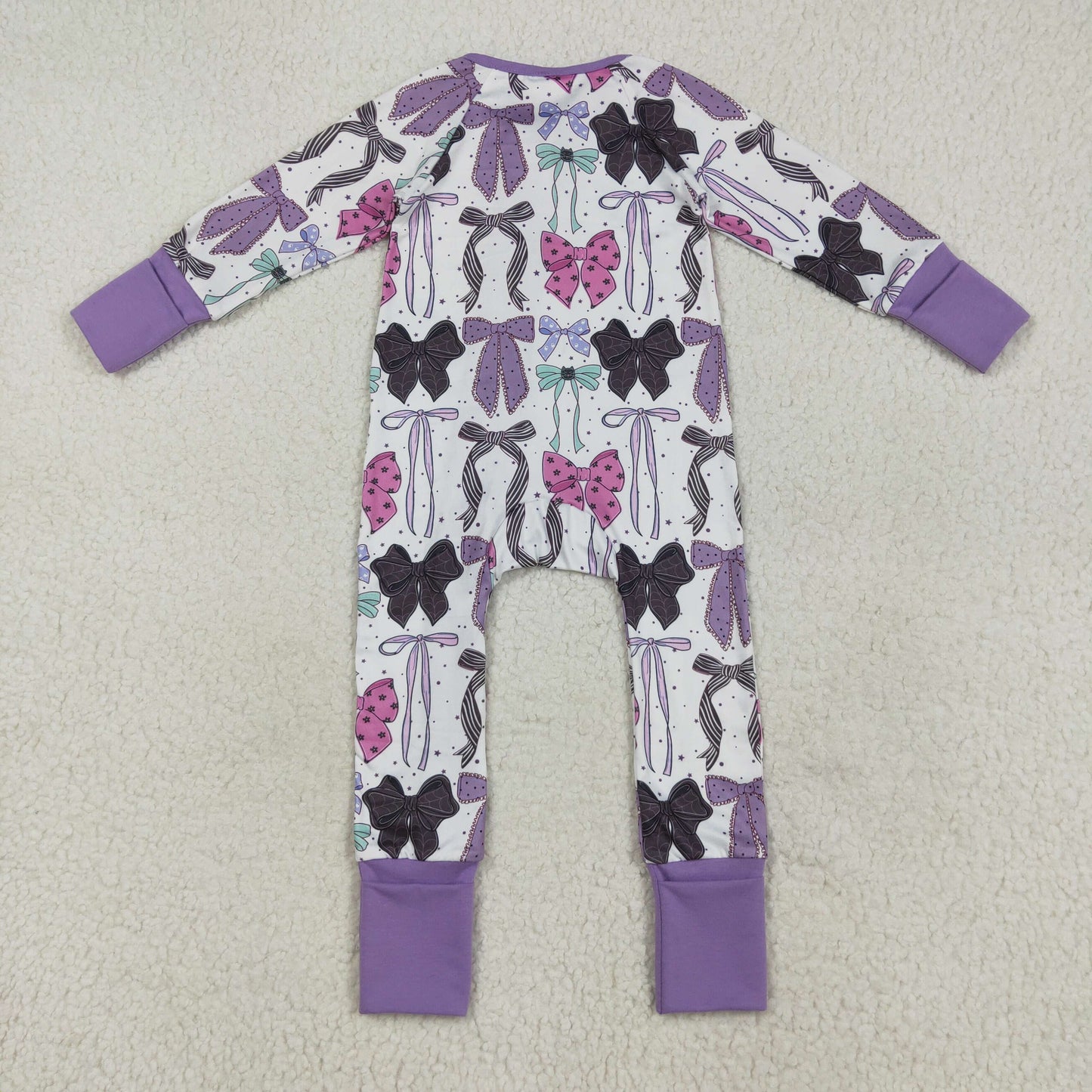 RTS NO MOQ(In Stock) LR2358 Purple long-sleeved zip-up bodysuit with Halloween bow pattern