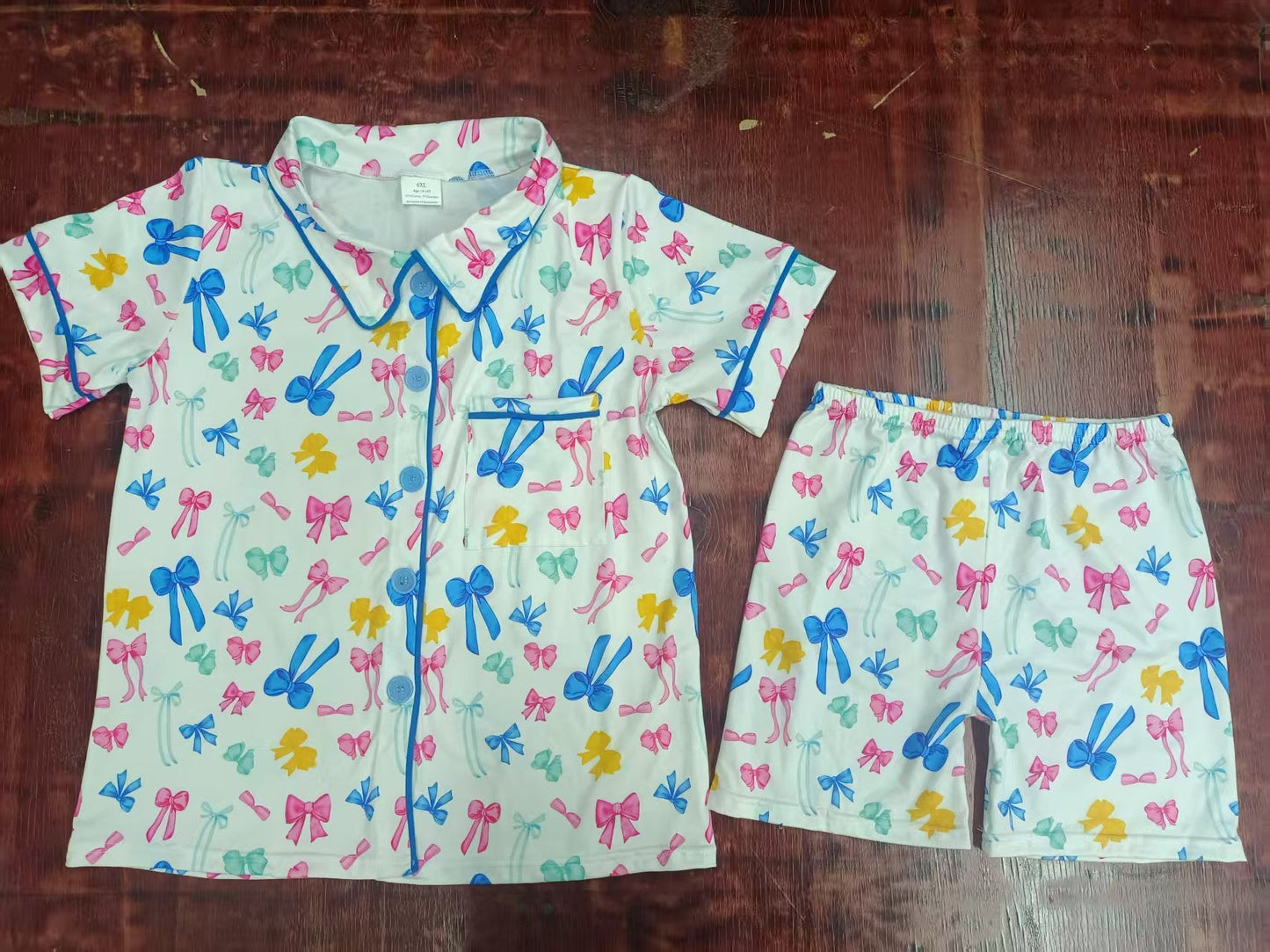 Custom moq 3 eta 6-7weeks baby girls clothes bow short sleeve shorts pajams sets