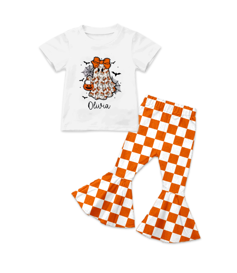 Custom summer teams baby girl clothes bow halloween orange plaid short sleeve pants sets-25.8.16