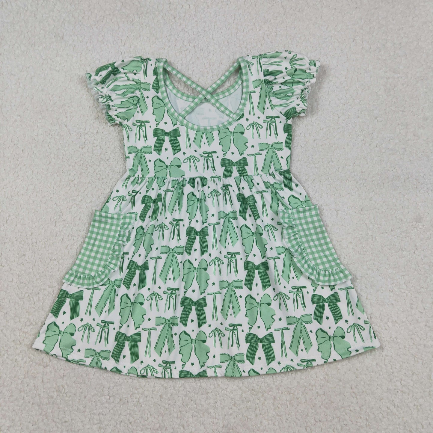 RTS NO MOQ(In Stock) Four-Leaf Clover Green Bow Pattern Plaid Lace Pocket White Short-Sleeve Dress