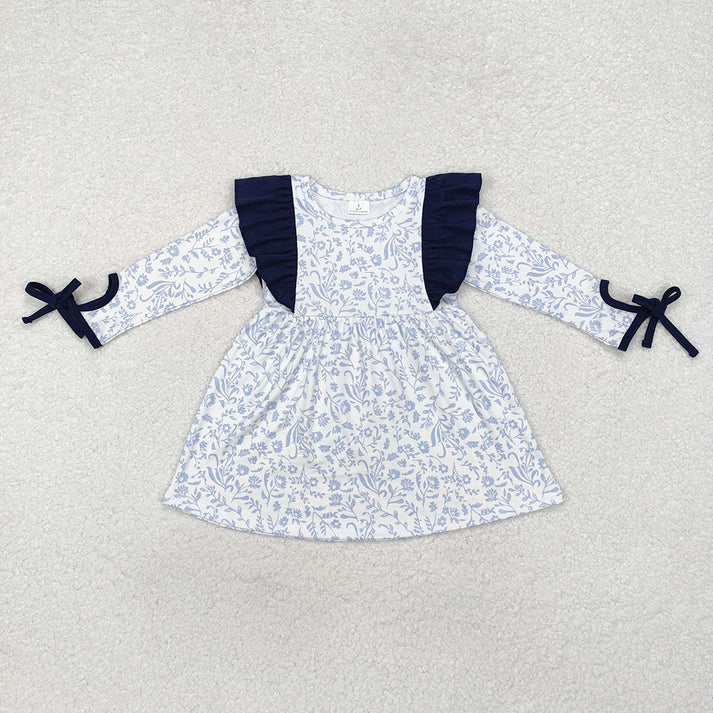 RTS NO MOQ Light blue and purple floral long sleeves with bowknot & dress & romper