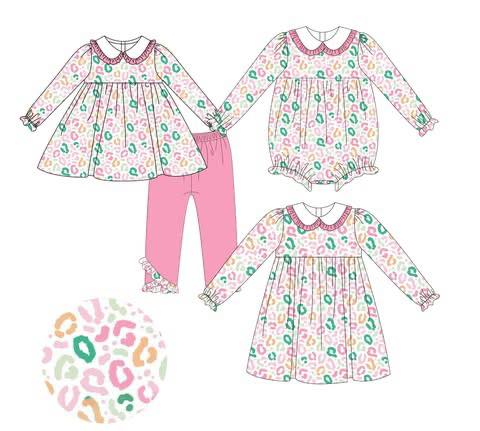 Custom moq 5 each style eta 6-7weeks baby girl clothes leopard long sleeve pants sets and romper and dress -25.8.1