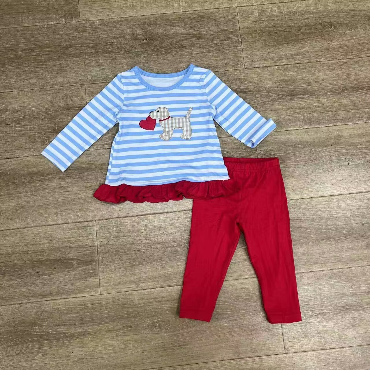 custom moq 5 eta 4-5 weeks baby girls clothes dog love blue striped long sleeve red shorts girls summer sets