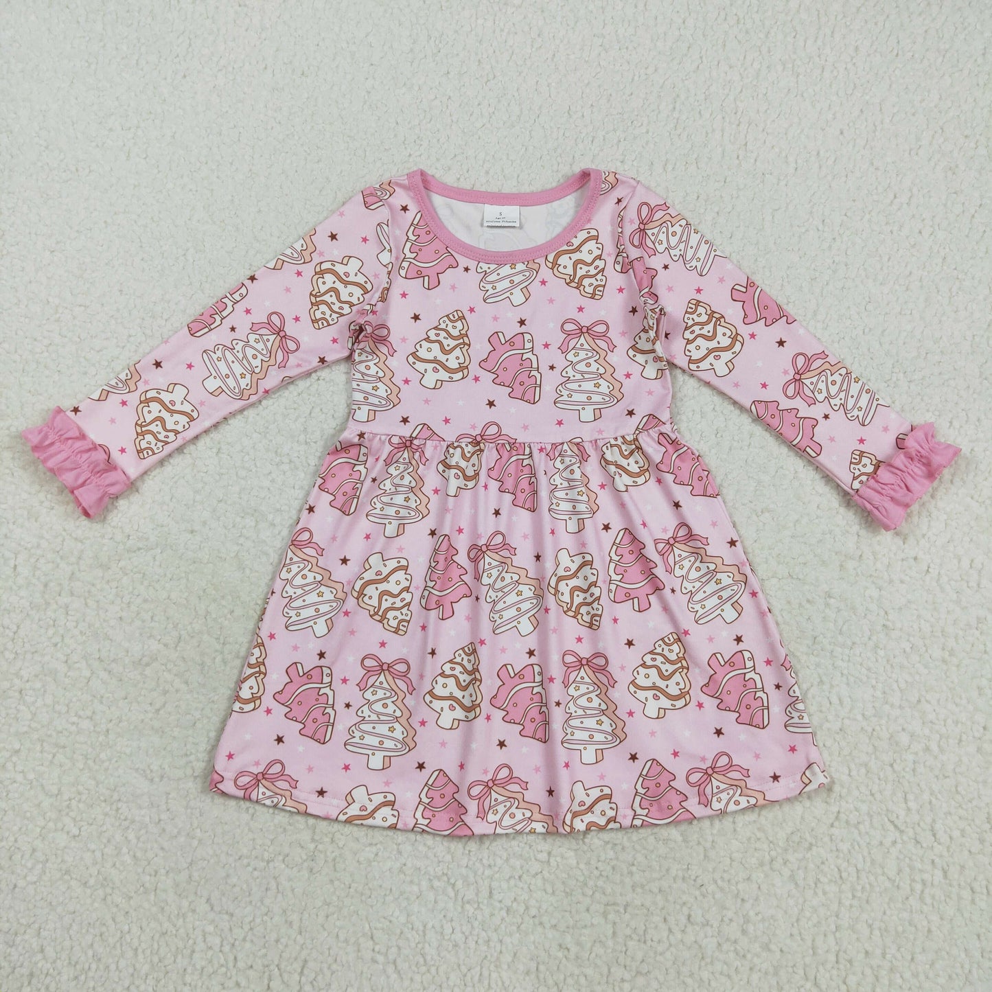 RTS NO MOQ(In Stock) GLD1124 Pink Long-Sleeved Dress with Christmas Tree Cookie Bow Pattern