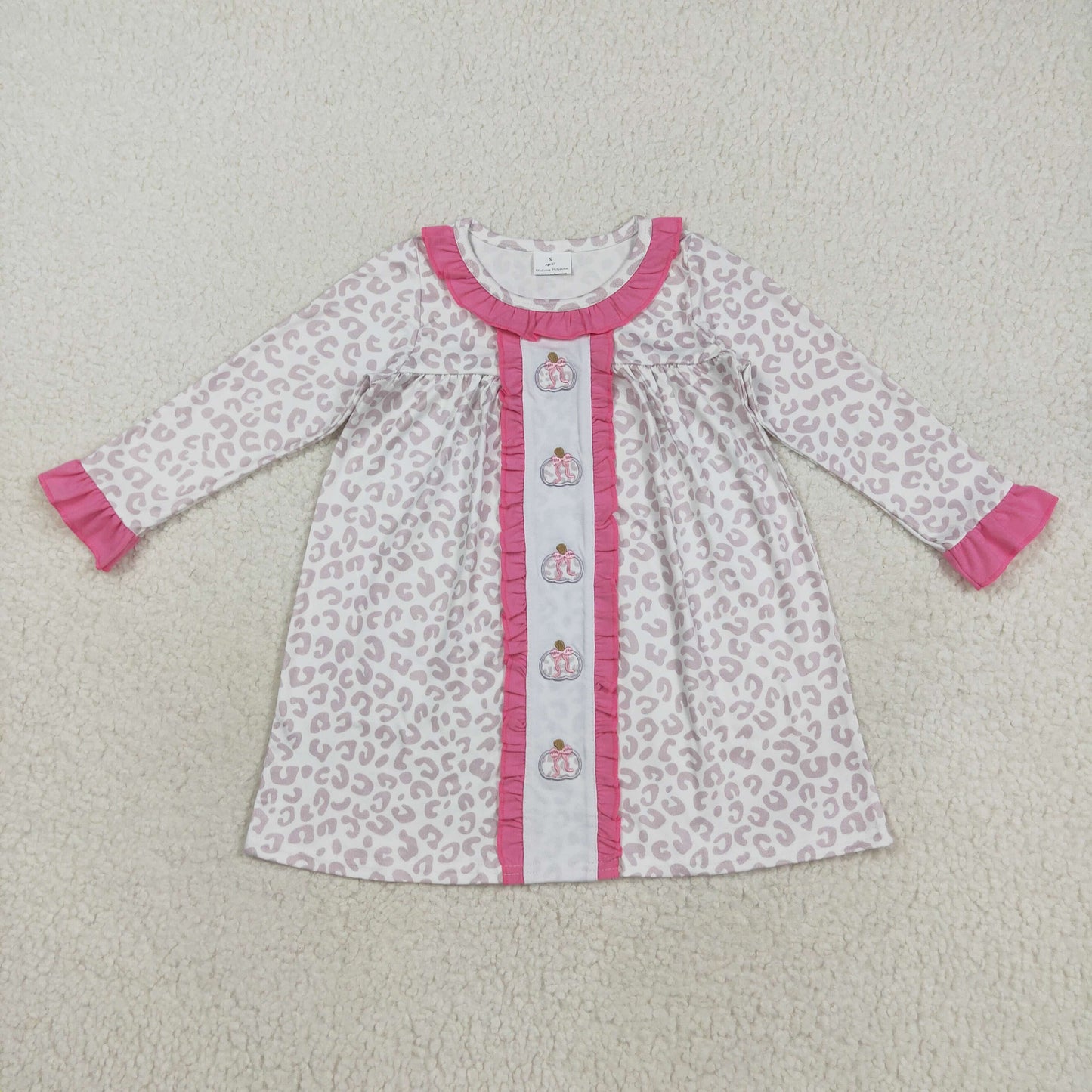 RTS NO MOQ(In Stock) GLD1054 Embroidered leopard print pumpkin bow long-sleeved pink lace dress