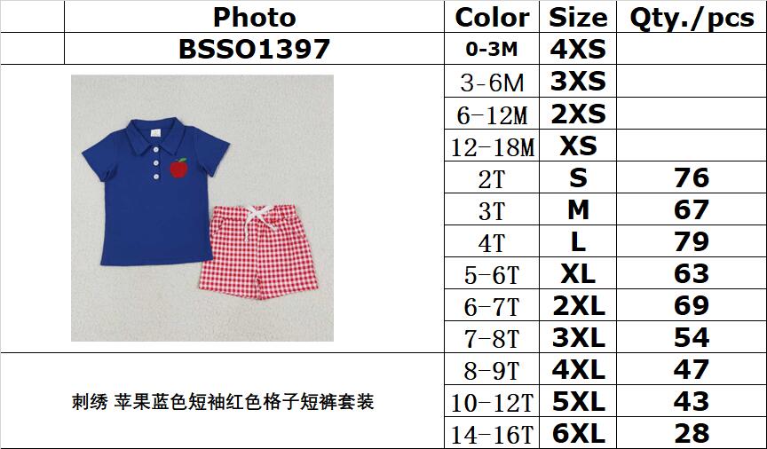 RTS NO MOQ BSSO1397 Embroidered Apple Blue Short Sleeve Red Plaid Shorts Set
