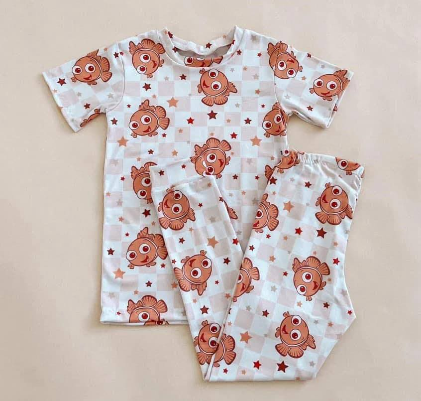 Deadline November 14 custom no moq eta 6-8weeks Little Goldfish-Five-pointed Star Pattern Lotus Root Pink Plaid Short Sleeve Pants Set