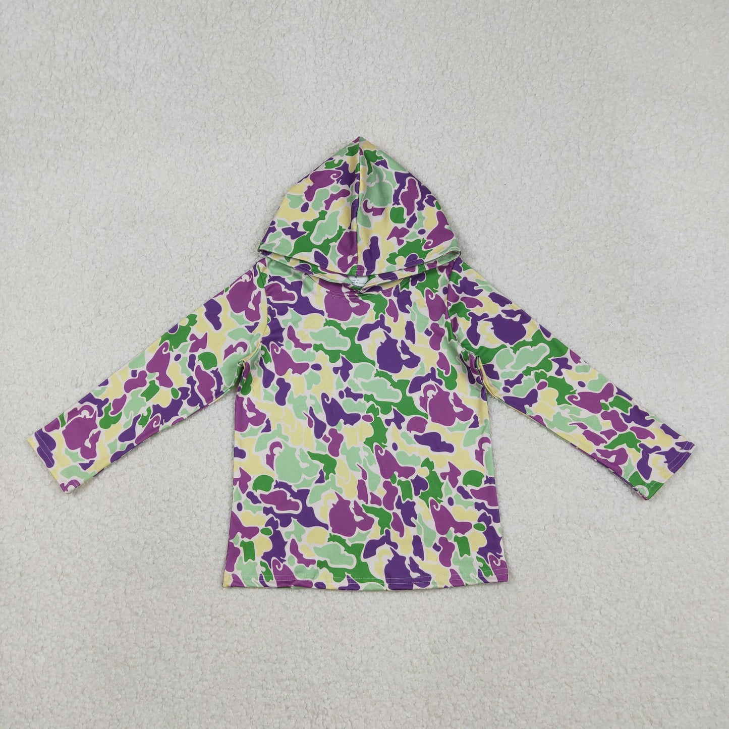 RTS NO MOQ(In Stock) Carnival Green, Yellow, and Purple Camouflage Hooded Long-Sleeved Top