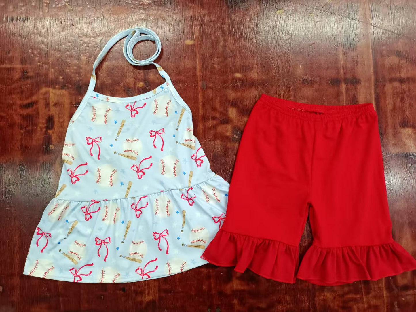 Custom moq 3 eta 6-7weeks baby girls clothes baseball bow sleeveless shorts sets