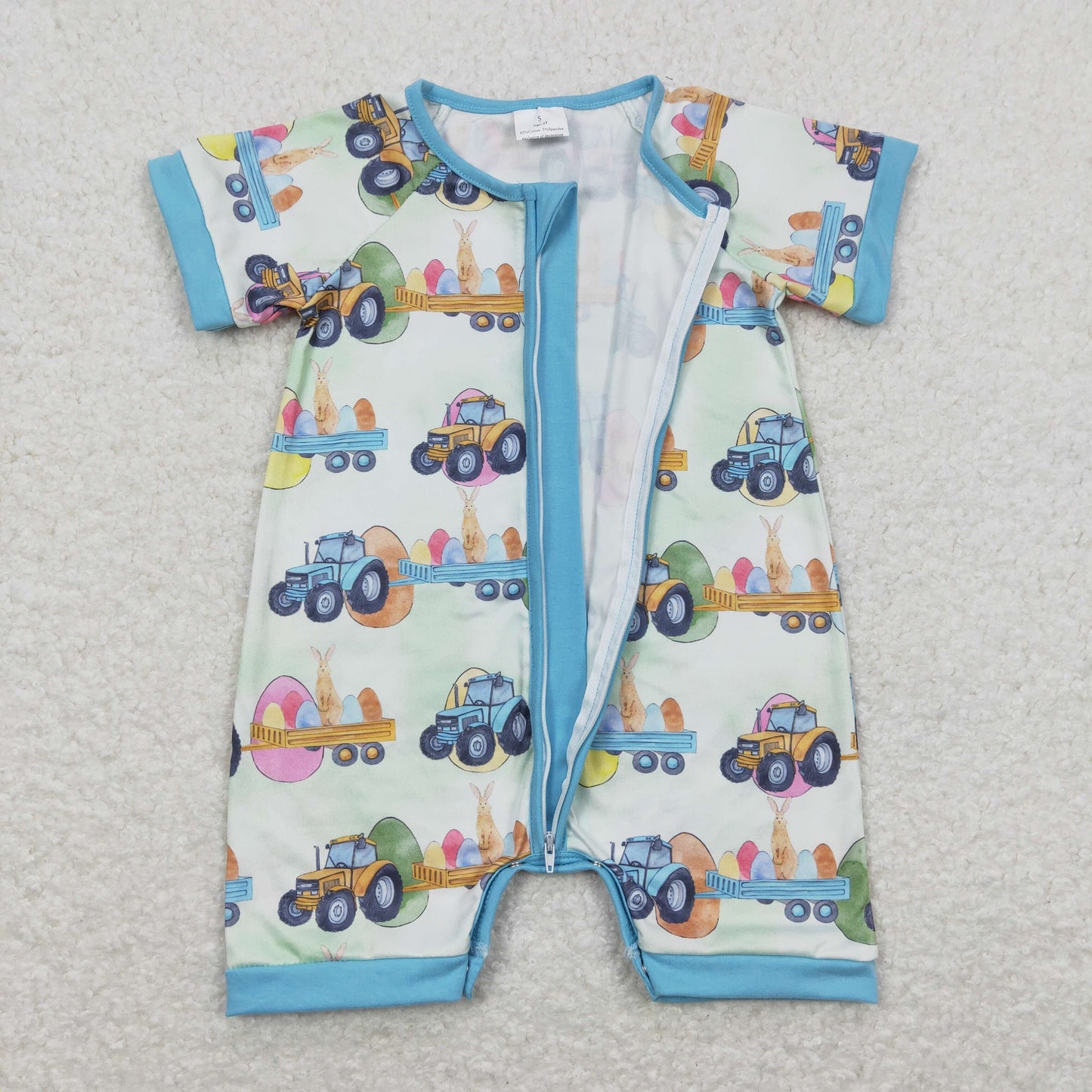 RTS NO MOQ(In Stock) Easter Egg Bunny Tractor Teal Zipper Short Sleeve Jumpsuit