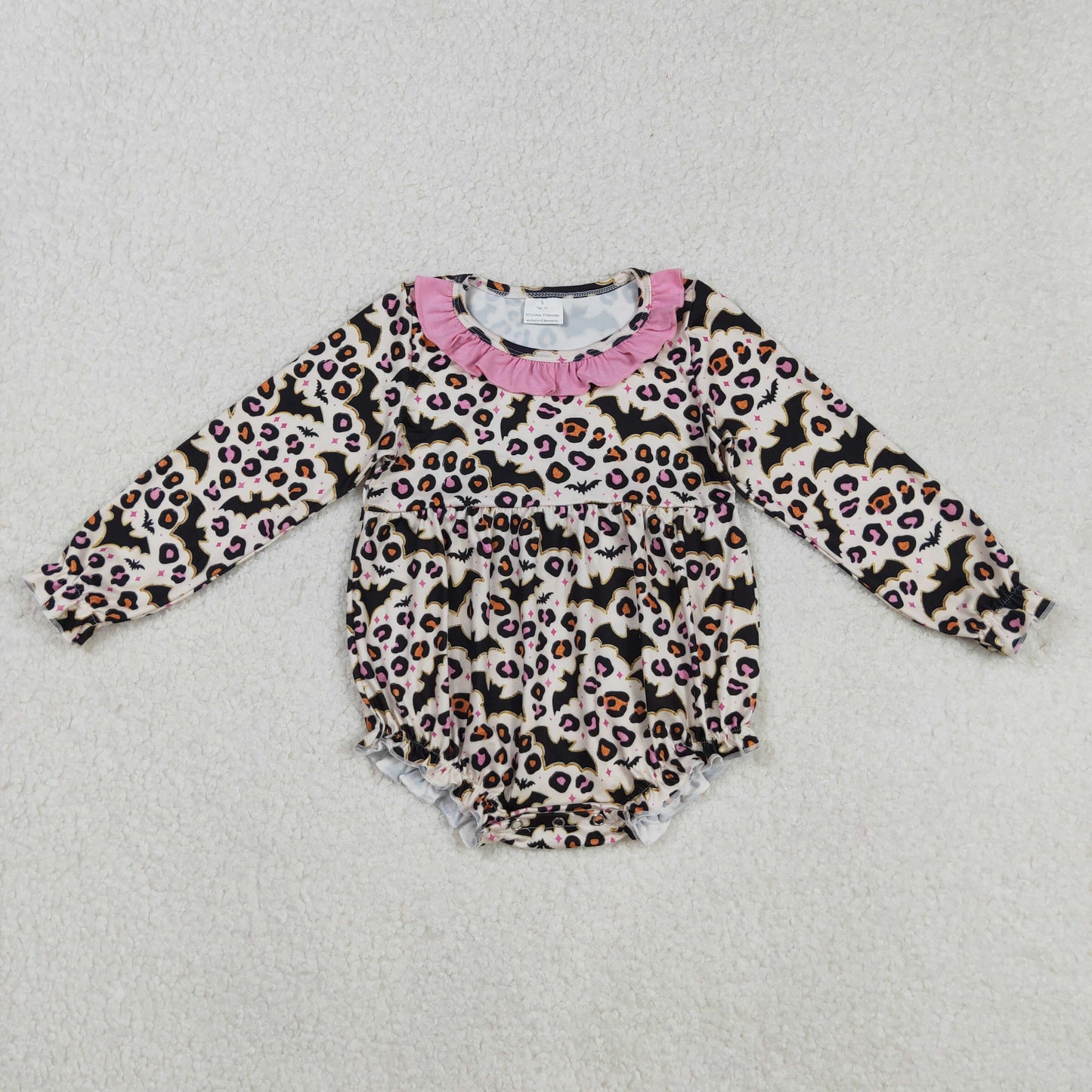RTS NO MOQ(In Stock) LR2473 Halloween Bat Leopard Print Pink Lace Long-Sleeved Bodysuit