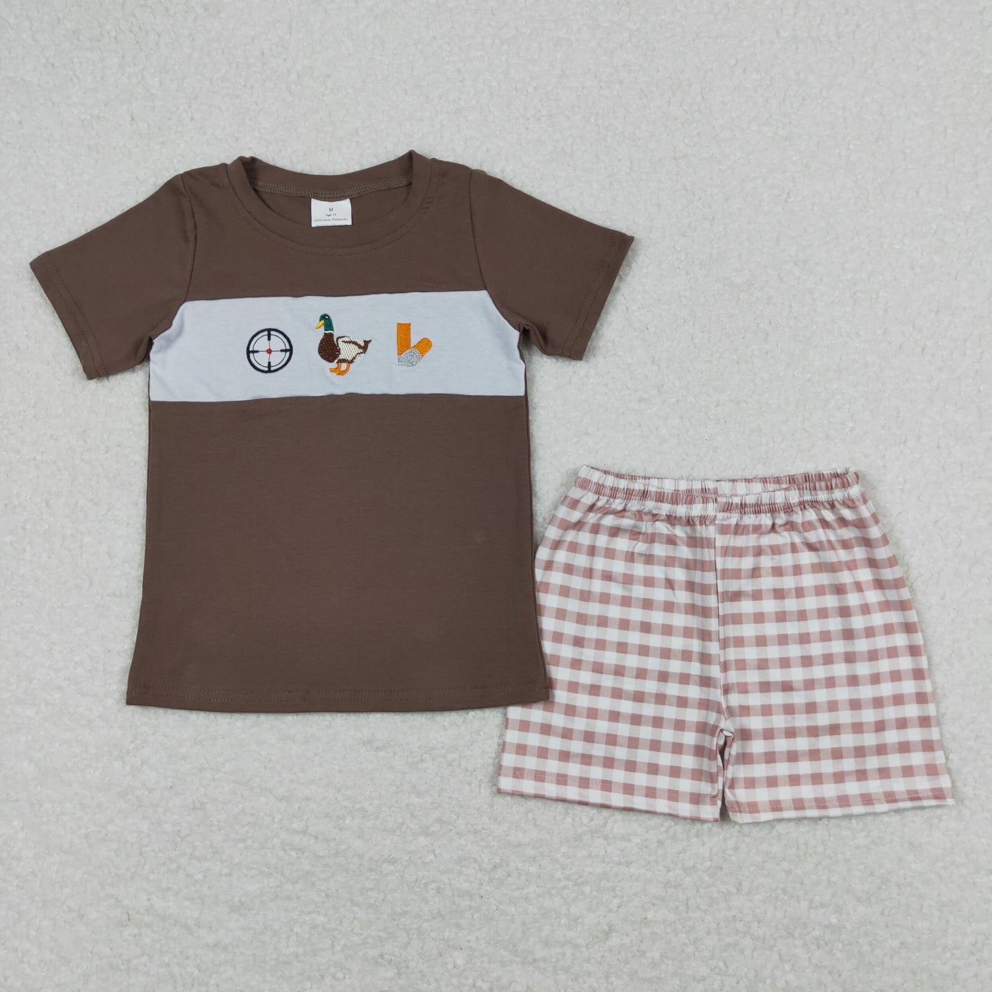 RTS NO MOQ(In Stock) Embroidered Duck Brown Short Sleeve Plaid Shorts Suit