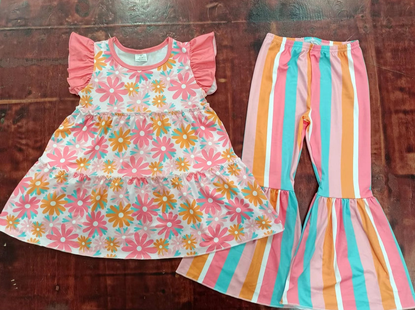 custom moq 5 eta 4-6weeks mix size baby girls clothes floral pink flying sleeve colorful striped pants sets