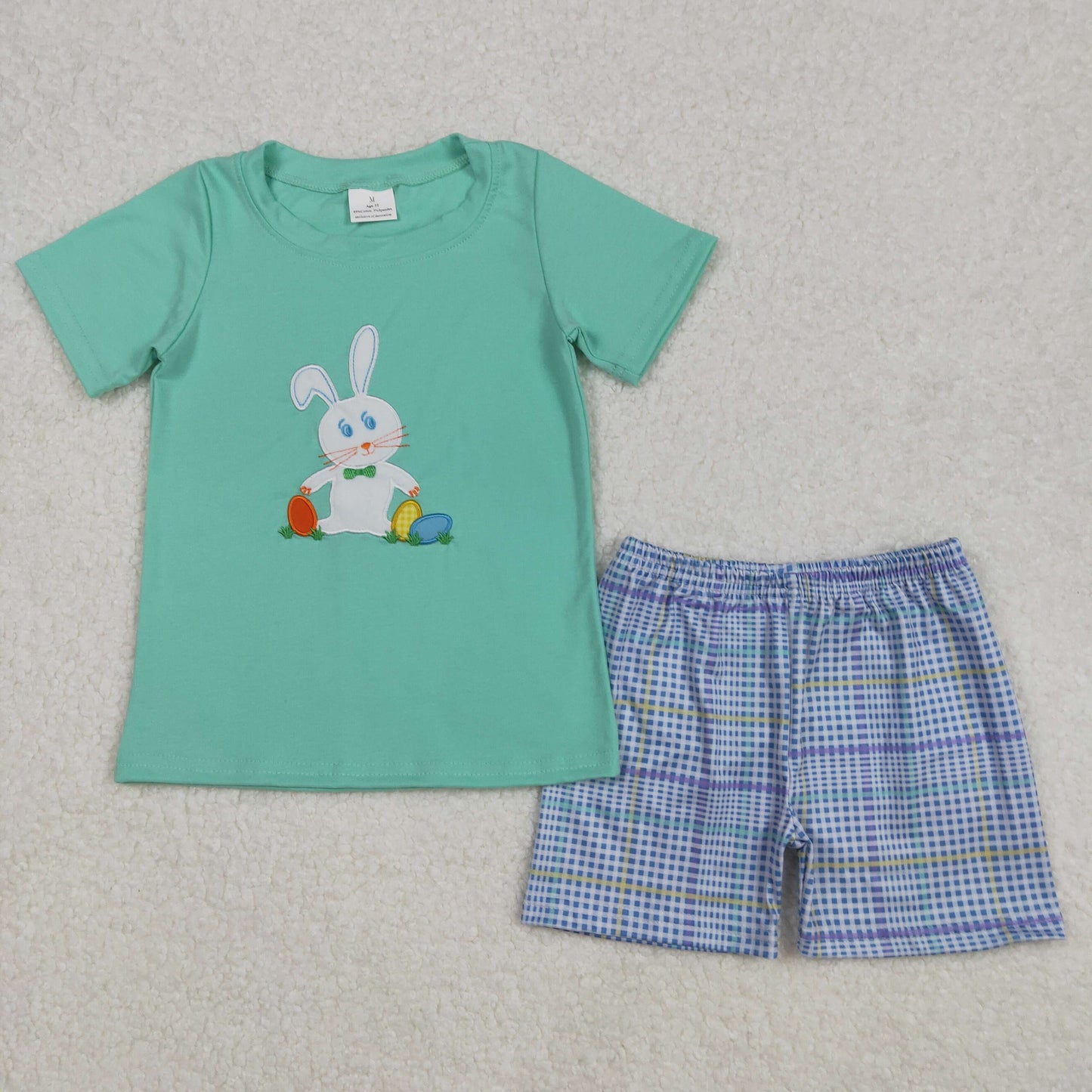 RTS NO MOQ ETA 5/7days Arrived BT1132+SS0422 Embroidered Easter bunny egg short-sleeved top SS0422 Teal plaid shorts