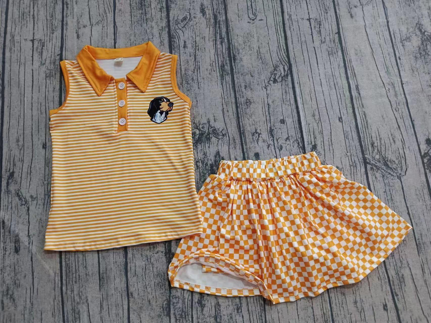 Custom moq 5 mix size milk silk eta 6-8weeks summer teams orange baby girls clothes team sleeveless skirts shorts sets-25.7.22