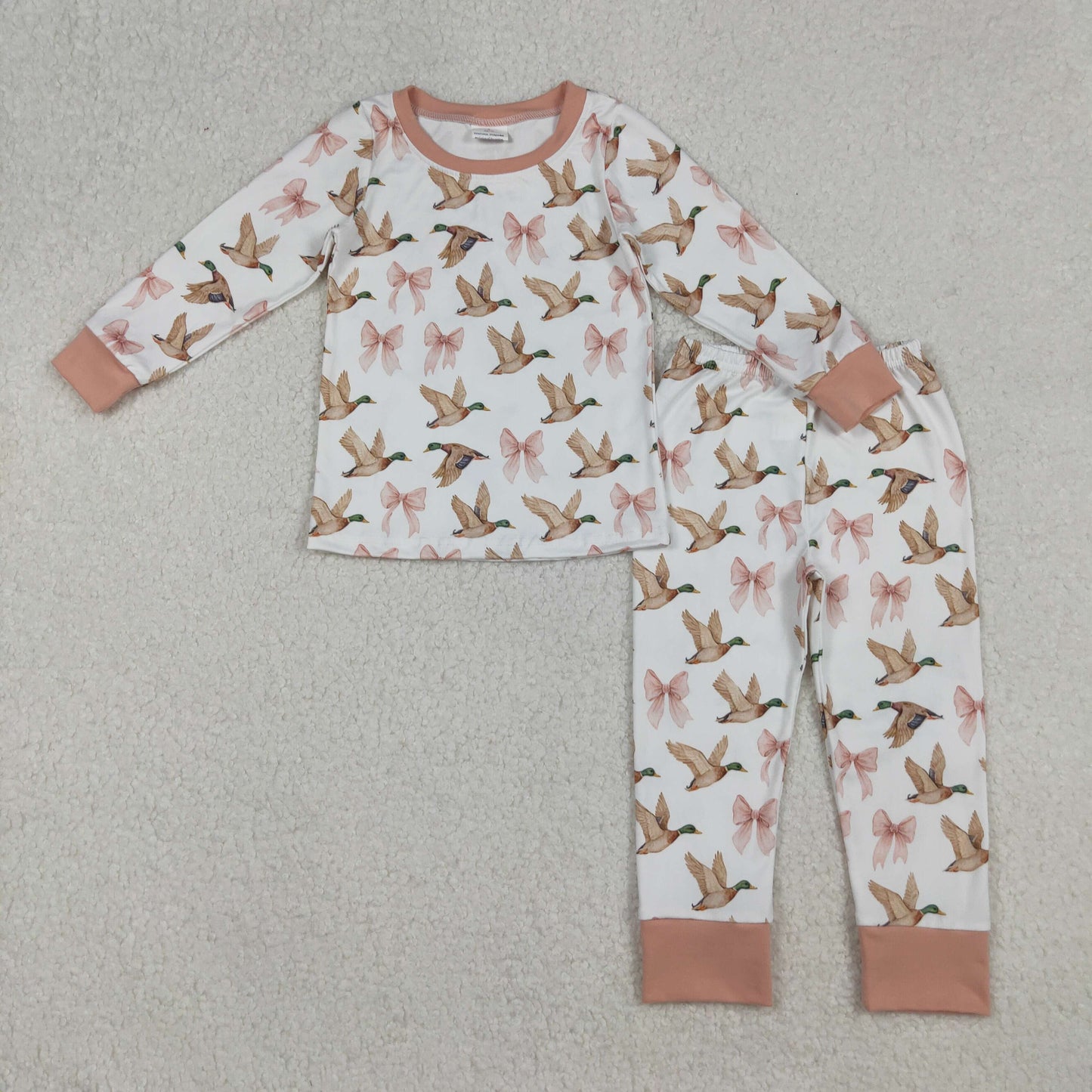 RTS NO MOQ(In Stock) GLP2687 White long-sleeved duck and bow pattern pajama set