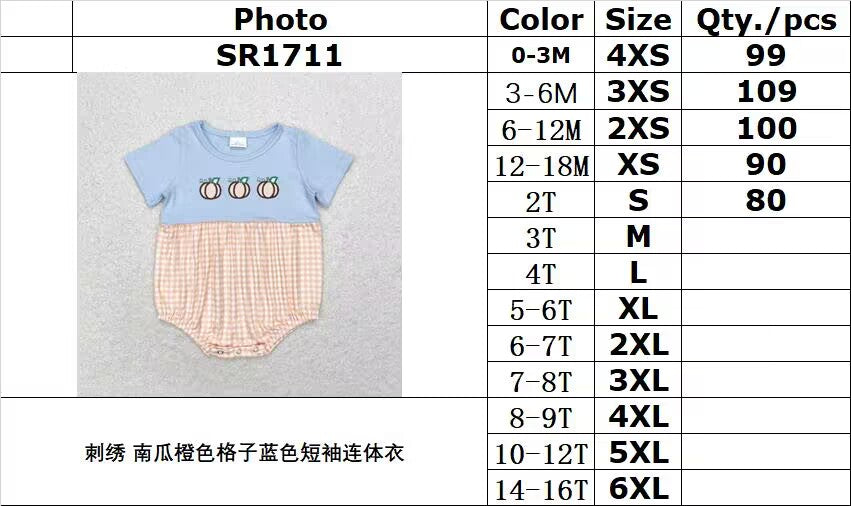 RTS no moq SR1711 Embroidered pumpkin orange plaid blue short-sleeved jumpsuit